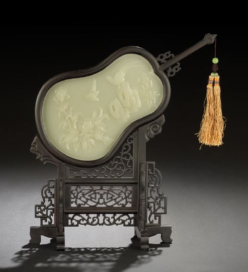 Appraisal: Good Rare Chinese White Jade and Rosewood Fan and Stand