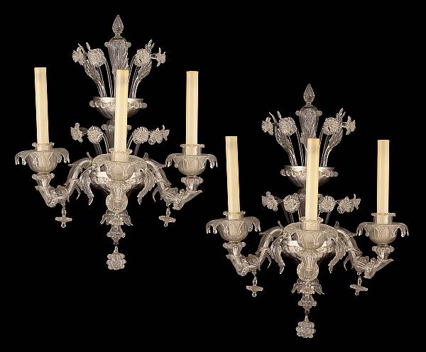 Appraisal: A pair of Venetian Neoclassical style glass three light wall