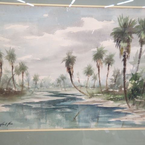 Appraisal: Robert Chase watercolor Floridastream with palm trees listed artist x