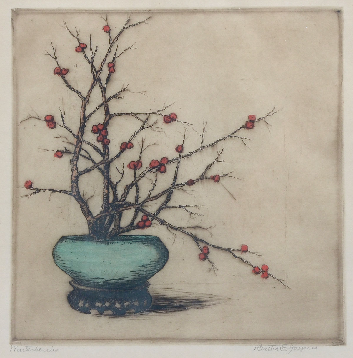 Appraisal: JAQUES Bertha American - ''Winterberries Color Etching'' sight size with