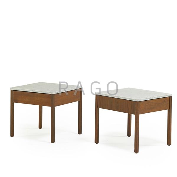 Appraisal: FLORENCE KNOLL Pair of side tables Condition Report Walnut refinished