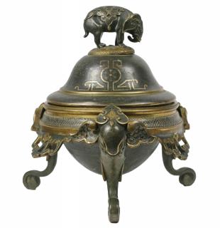 Appraisal: SILVER INLAID BRONZE COVERED CENSER Early Japanese Bronze and Silver