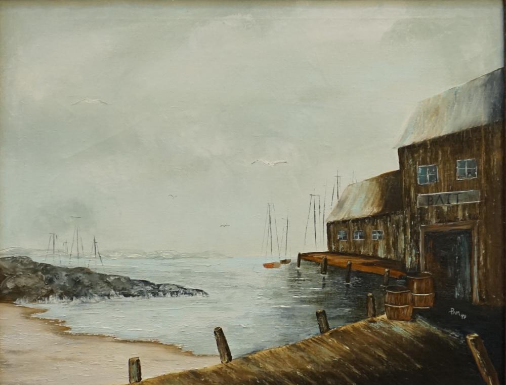 Appraisal: th Century School Beachside Dock Oil on Canvas Signed l