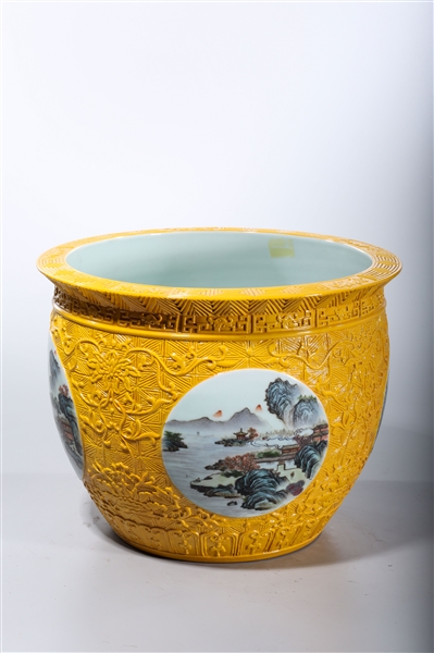 Appraisal: Chinese enameled porcelain jardiniere yellow ground with enameled landscape and