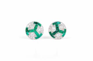 Appraisal: A Pair of Art Deco Platinum Diamond and Emerald Earclips