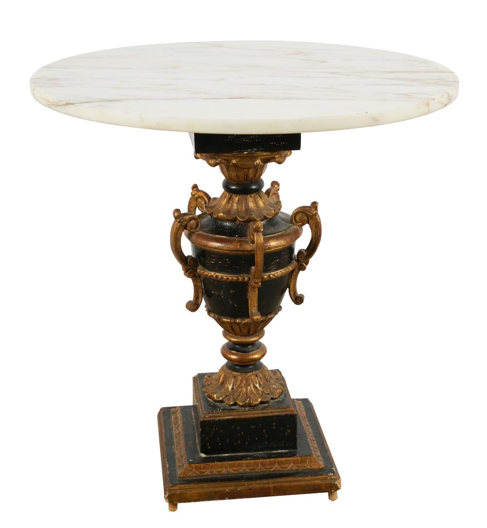 Appraisal: PAINTED GILTWOOD LAMP TABLEthe round marble top on an urn-form