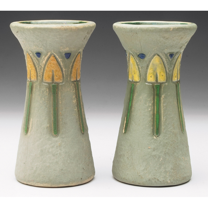 Appraisal: Roseville Mostique vases two colorful geometric designs ''w x ''h