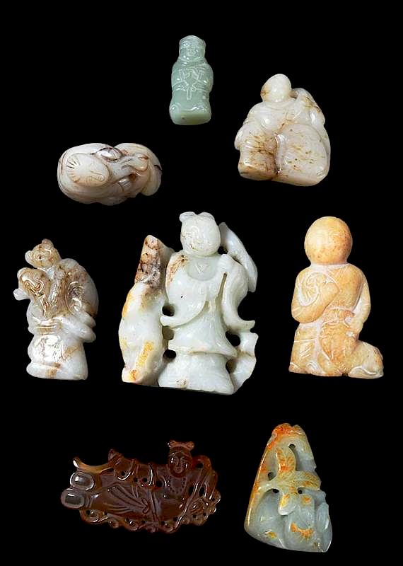 Appraisal: Eight Jade Hardstone Carved Figures Chinese figure with bixie yellow