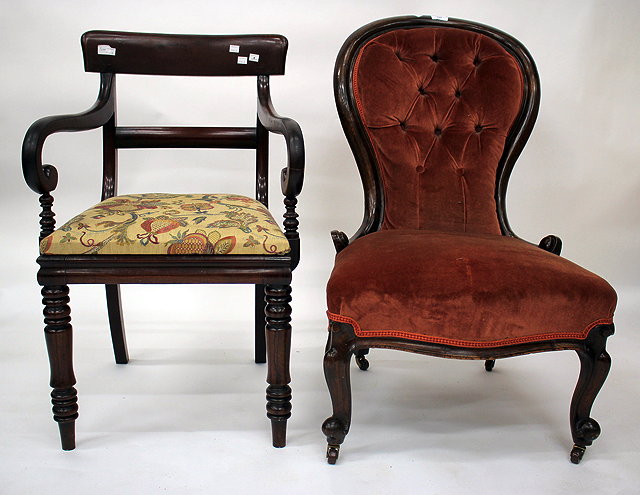 Appraisal: A VICTORIAN MAHOGANY FRAMED OCCASIONAL CHAIR with serpentine front and