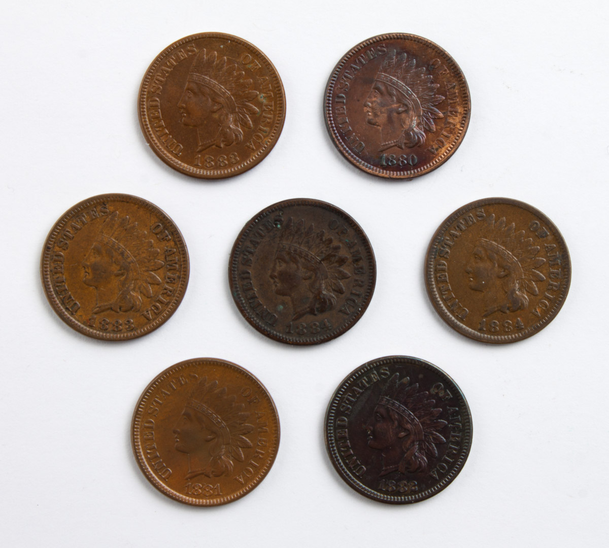 Appraisal: Seven U S Indian Head type bronze cents -' comprising