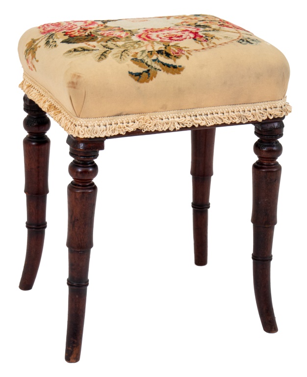 Appraisal: FLORAL NEEDLEWORK STOOL Stool with needlework top on four wooden