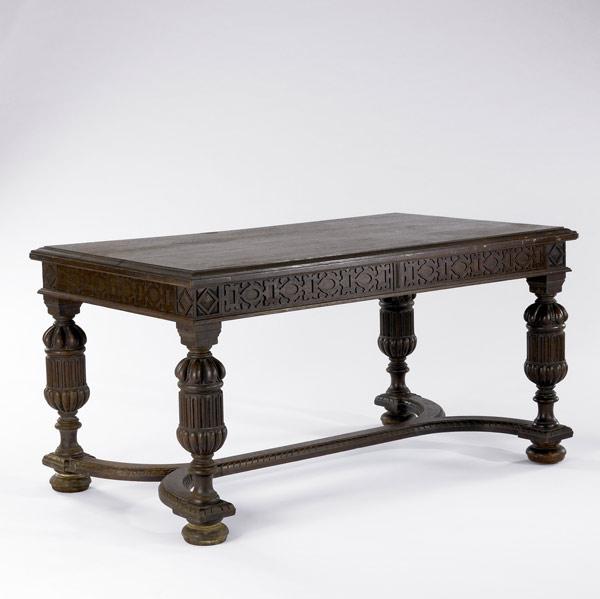 Appraisal: ENGLISH LIBRARY TABLE Oak with ornately carved base th C