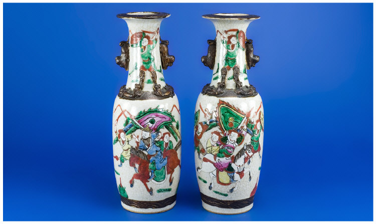 Appraisal: Pair Of Japanese Vases Showing Painted Scenes Of Samurai Warriors