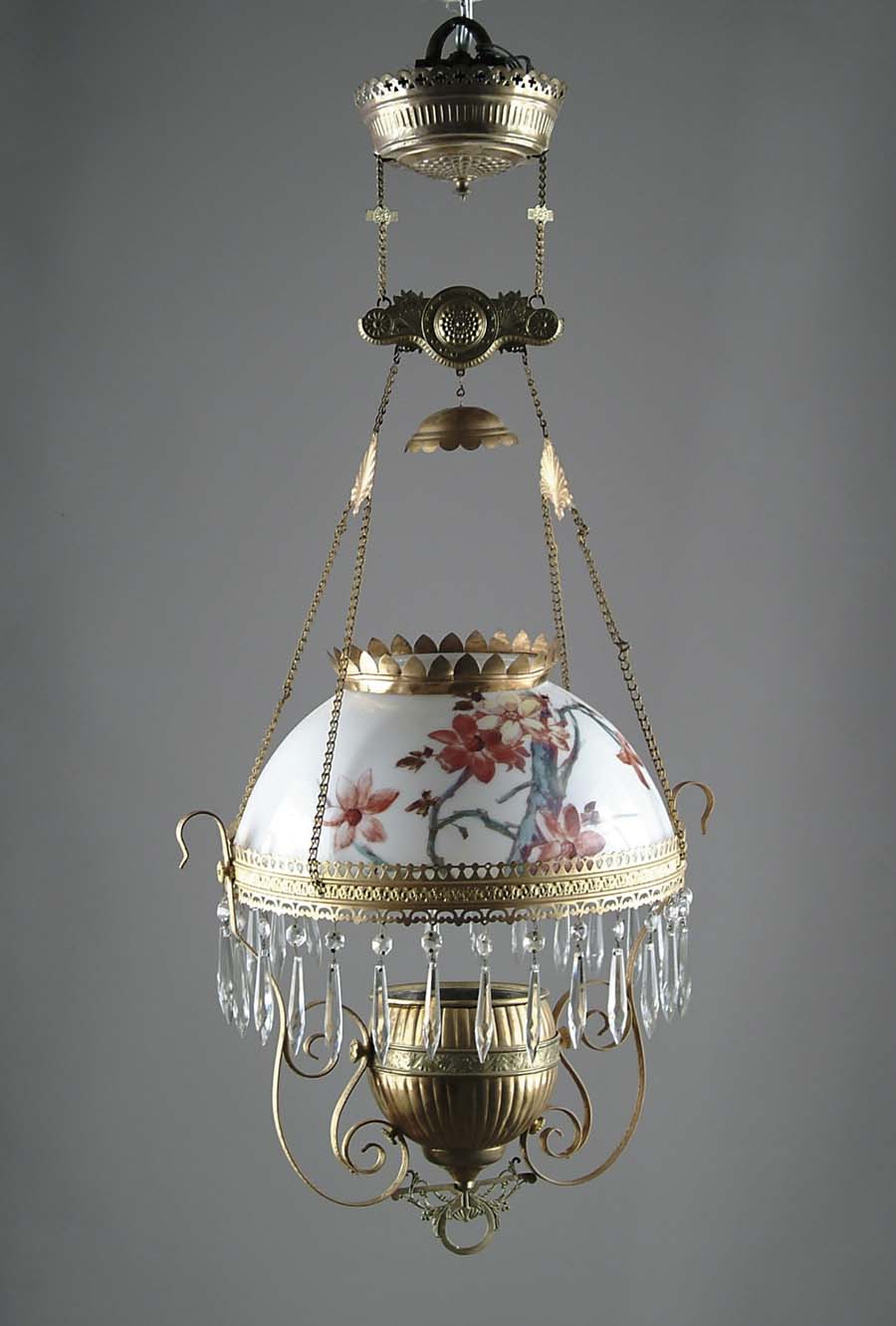 Appraisal: PARKER HANGING PARLOR LAMP Elaborate brass frame retractable hanging lamp