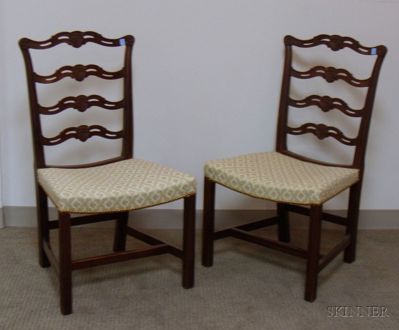 Appraisal: Pair of Chippendale-style Upholstered Carved Mahogany Ribbon-back Side Chairs with