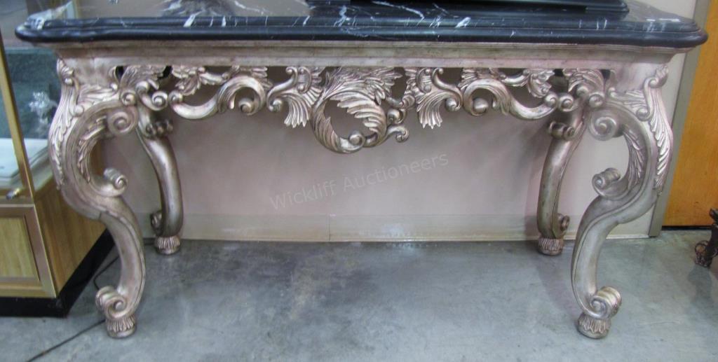 Appraisal: Decorator Marble Top Entry Console silver wood carved base with