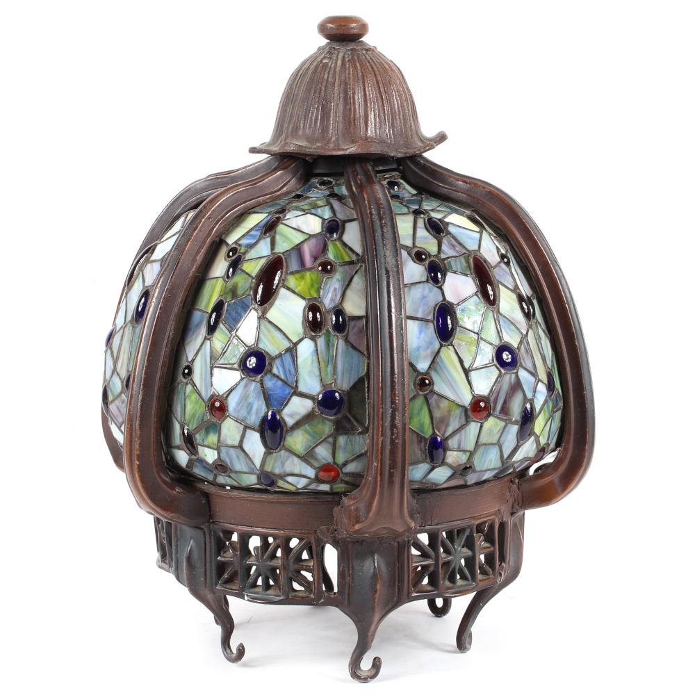 Appraisal: ART NOUVEAU STYLE JEWELED AND LEADED STAINED GLASS HANGING LAMP