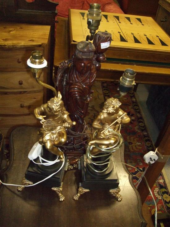 Appraisal: Chinese hardwood lamp a pair of French style figural lamps