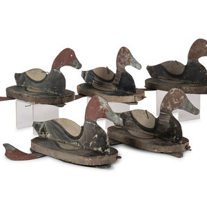 Appraisal: Five Painted Wood and Tin Folding Duck Decoys Early th