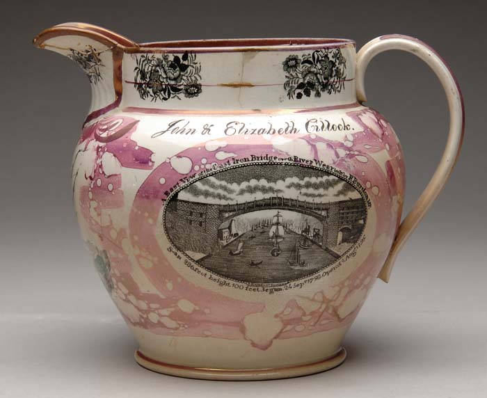 Appraisal: LARGE SUNDERLAND LUSTRE PITCHER Top rim inscribed To John and