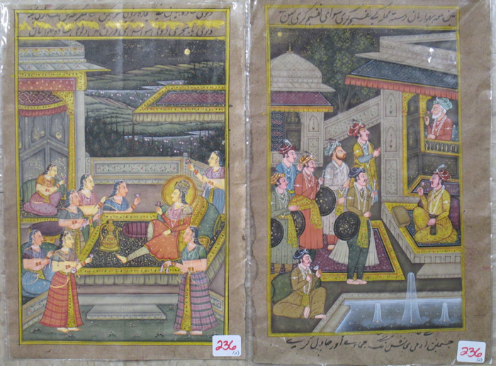 Appraisal: TWO PERSIAN MANUSCRIPT LEAVES depicting a palace courtyard and interior