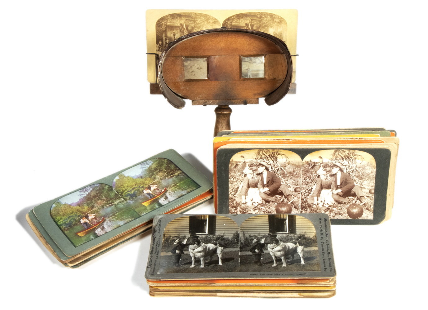 Appraisal: VINTAGE STEREOSCOPE VIEWER WITH CARDS Holmes-style Wooden Stereoscope plus a