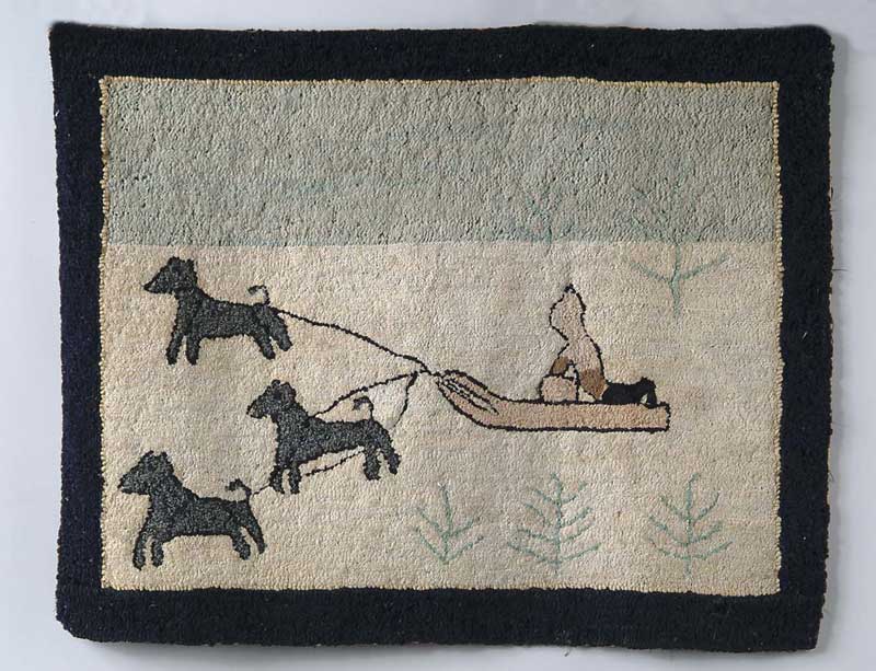 Appraisal: HOOKED RUG WITH SLED AND THREE DOGS Grenfell style but