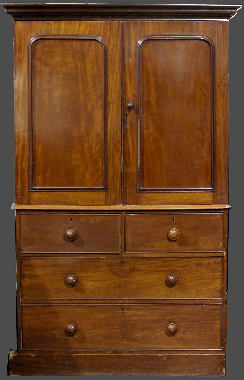 Appraisal: ENGLISH MAHOGANY PARTIAL LINEN PRESS the center portion larger dressing