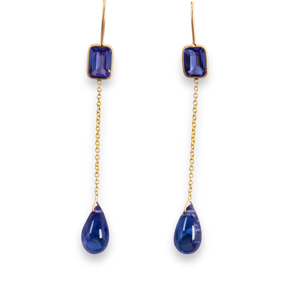 Appraisal: A PAIR OF TANZANITE AND EIGHTEEN KARAT PENDANT EARRINGS A