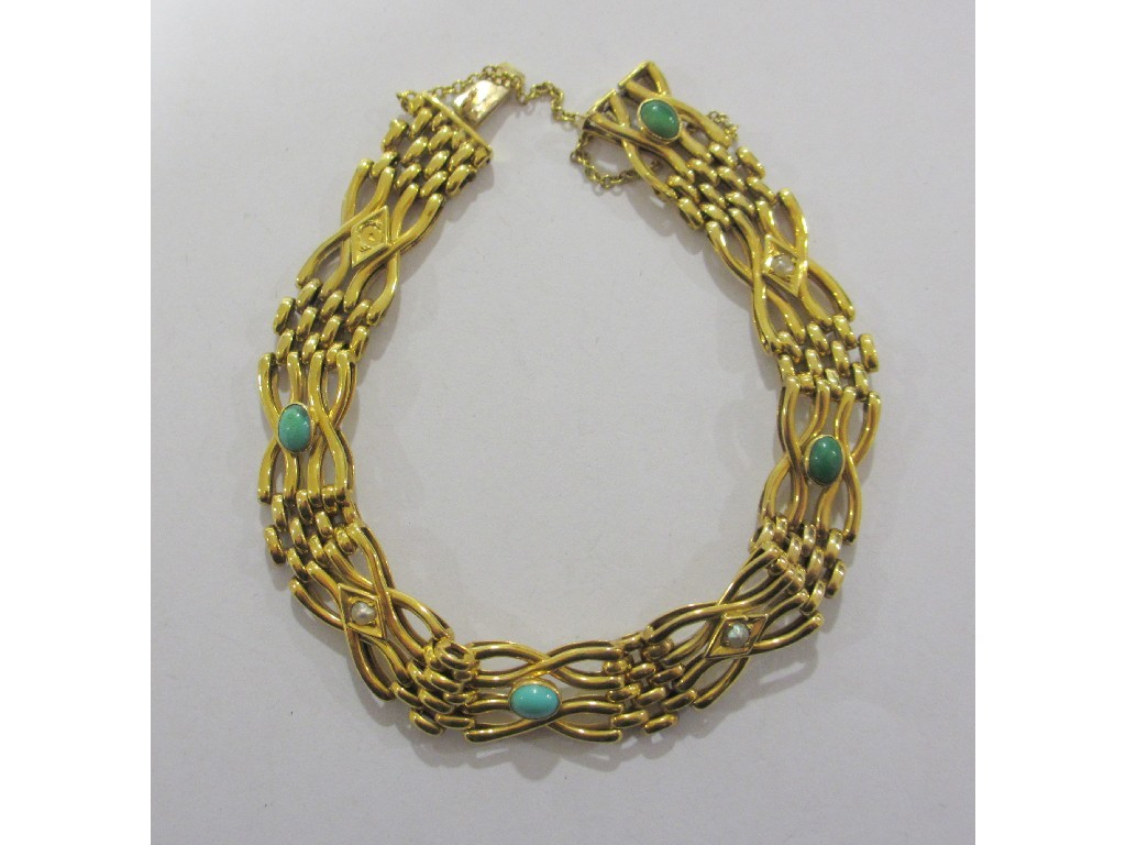 Appraisal: Victorian ct gold turquoise and seed pearl set gate bracelet