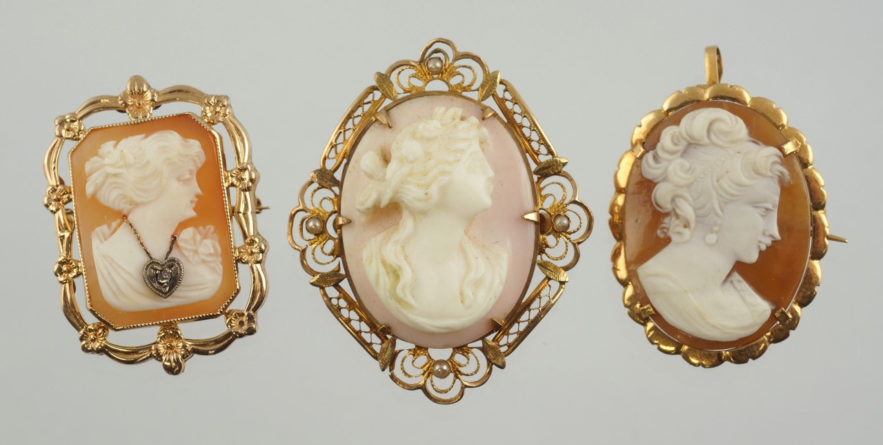 Appraisal: YG carved shell cameo pins rectangular bust portrait stamped K