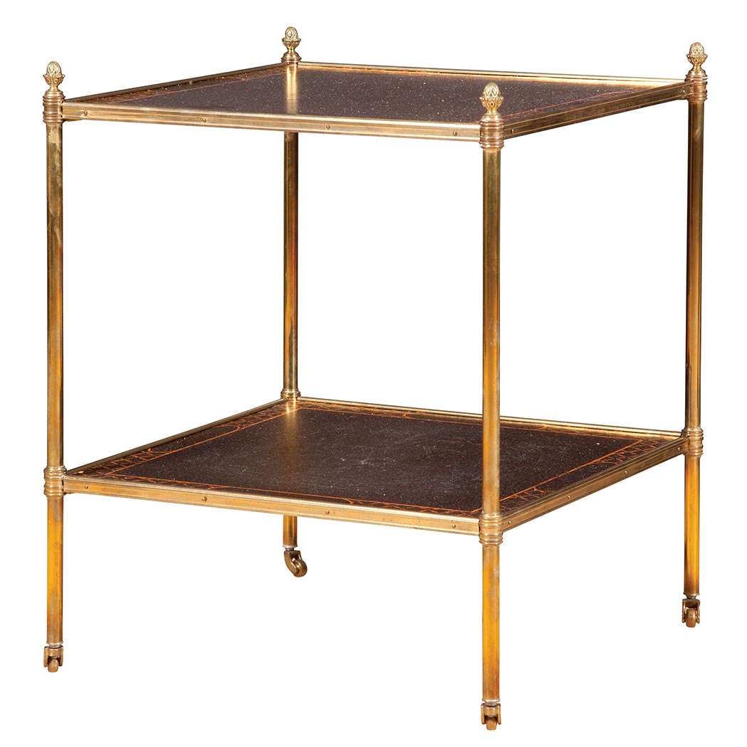 Appraisal: Brass and Black Painted and Parcel Gilt Etagere Of square