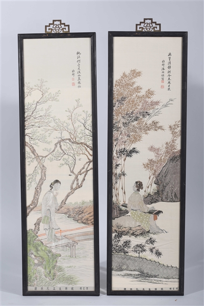 Appraisal: Two framed Chinese scroll paintings on silk landscape scenes calligraphy