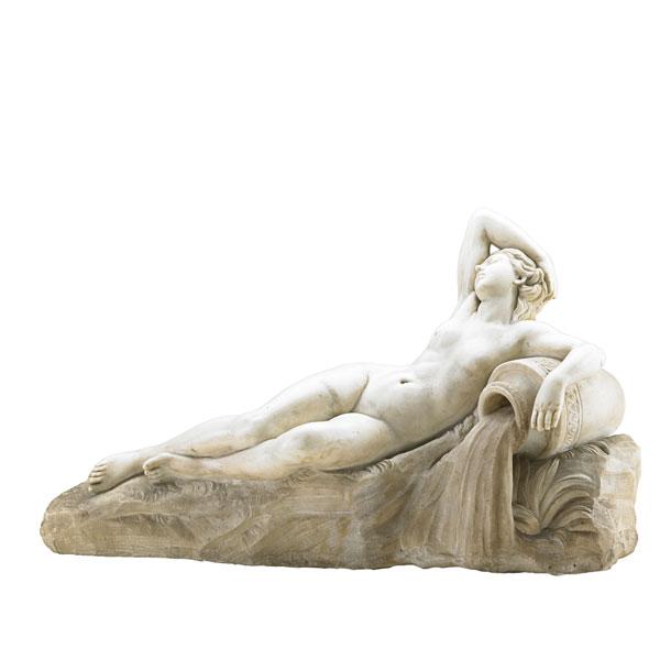 Appraisal: FRENCH WHITE MARBLE SCULPTURE Classical figure reclining beside a water