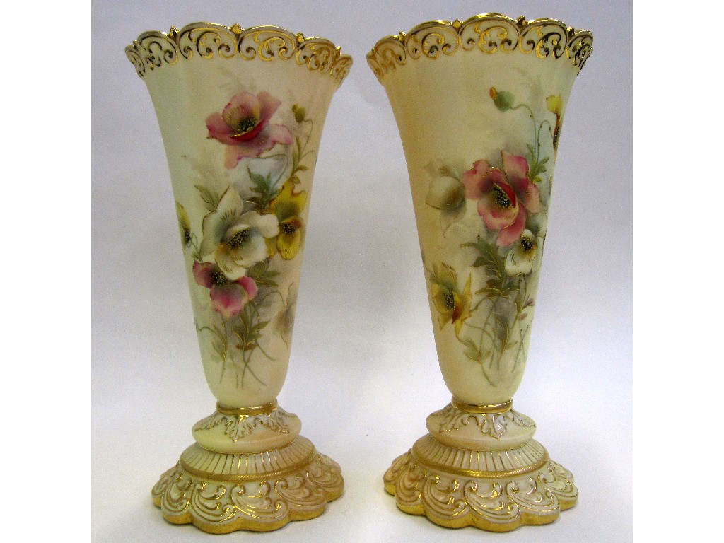 Appraisal: Pair of Grainger Co blush ivory spill vases decorated with