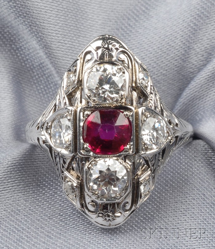 Appraisal: Art Deco Ruby and Diamond Ring centering a circular-cut ruby