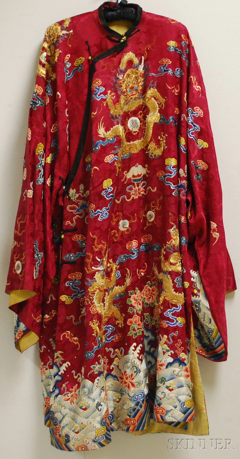 Appraisal: Chinese Dragon and Waves Embroidered Red Silk Robe th th