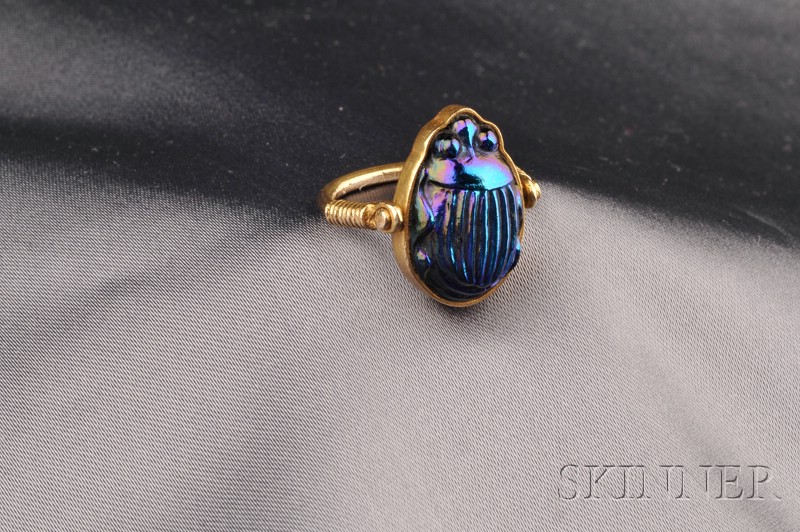 Appraisal: kt Gold and Favrile Glass Scarab Swivel Ring the bezel-set