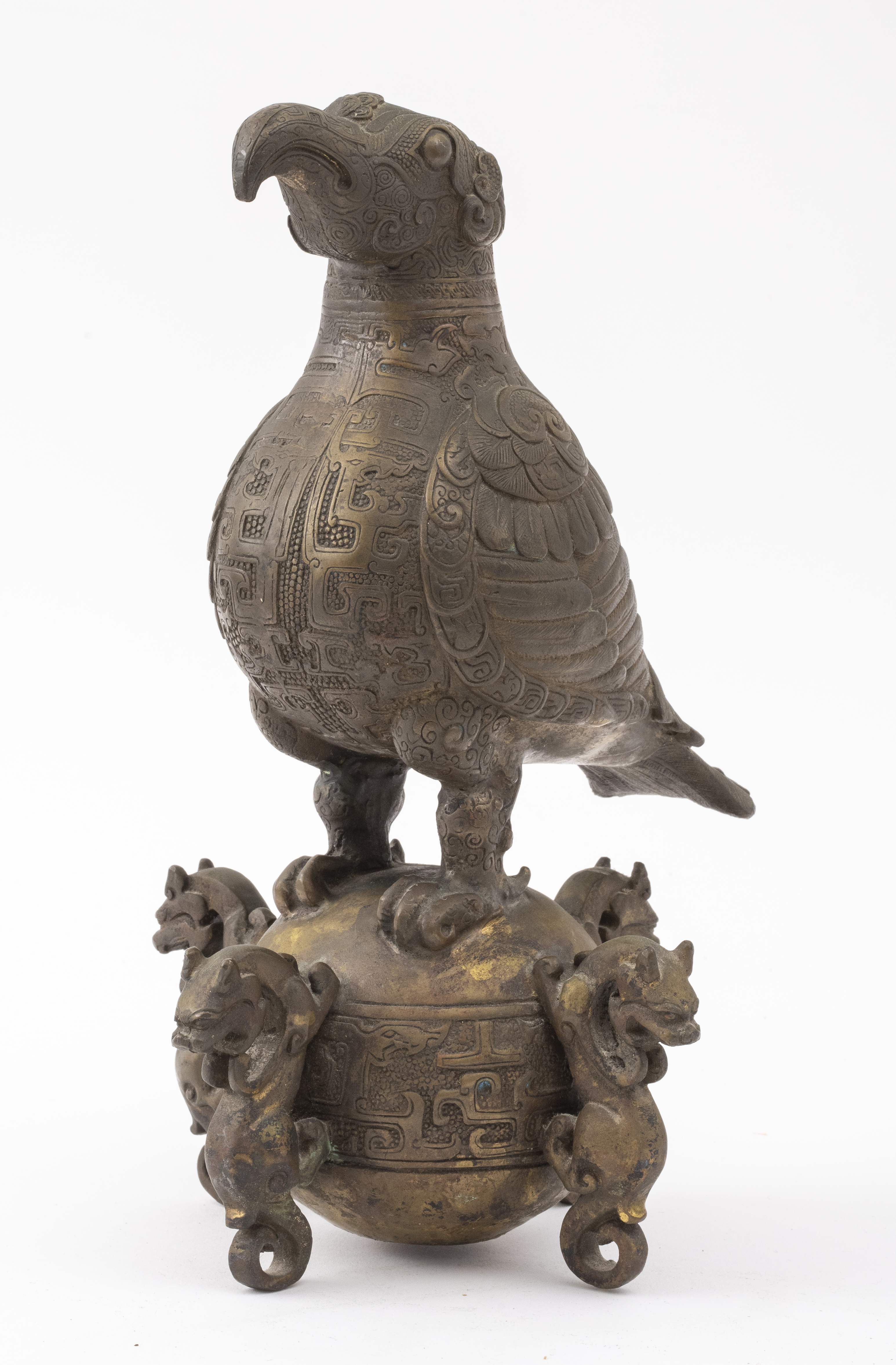 Appraisal: CHINESE ARCHAISTIC BRONZE BIRD ON SPHERE SCULPTURE Antique archaistic Chinese