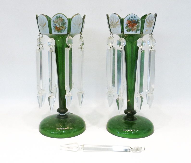 Appraisal: PAIR OF BOHEMIAN GREEN GLASS AND ENAMEL LUSTRES with hand