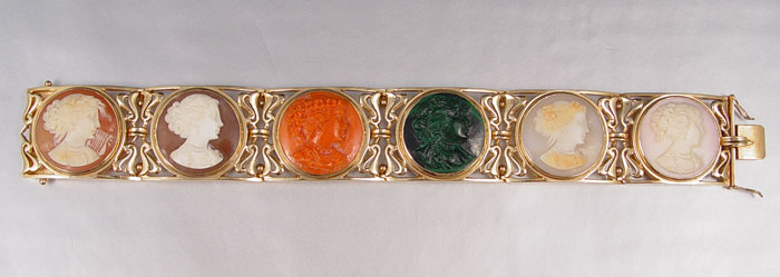 Appraisal: A K SHELL CORAL AND MALACHITE CAMEO BRACELET contains six