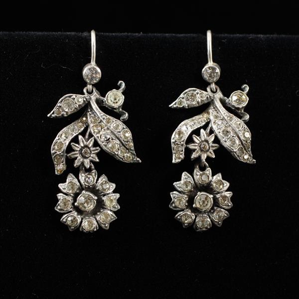 Appraisal: Pair Vintage Antique Silver Crystal Rhinestone Flower Dangle Earrings