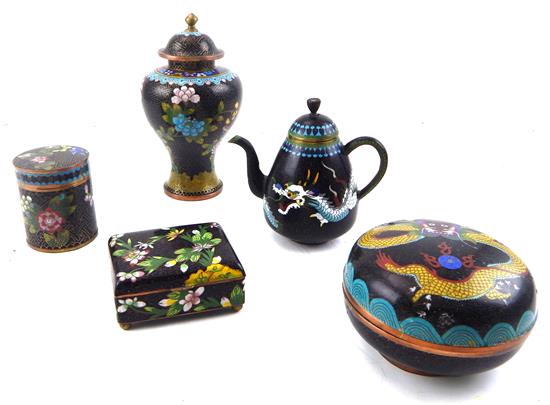 Appraisal: ASIAN Five pieces of th C Chinese cloisonn black ground