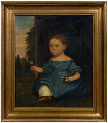 Appraisal: American folk art portrait child seated in a landscape holding