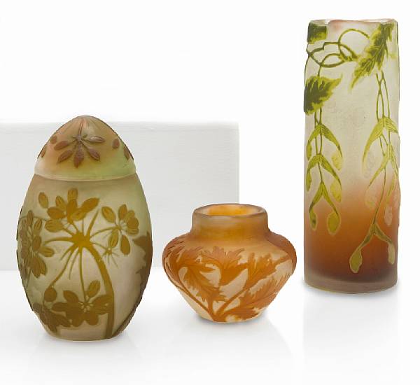 Appraisal: Three Gall cameo glass articles - comprising a covered ovoid