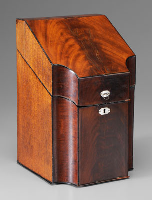 Appraisal: Georgian knife box crotch-figure mahogany shaped front fitted interior British