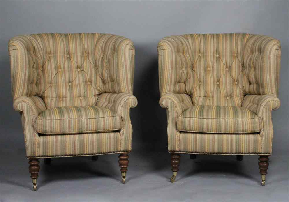 Appraisal: PAIR OF REGENCY STYLE BAKER WING CHAIRS each having barrelbacks