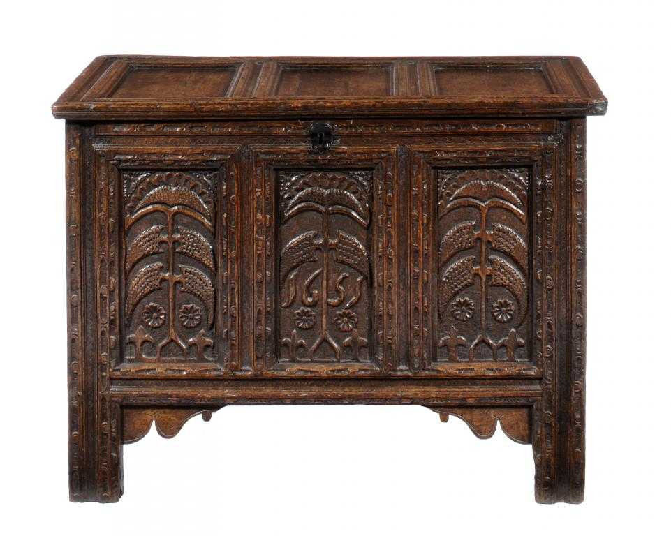 Appraisal: AN ENGLISH JOINED OAK BLANKET CHEST with panelled lid the