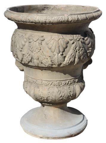 Appraisal: Large fiberglass garden urn having faux stone patina foliate pattern