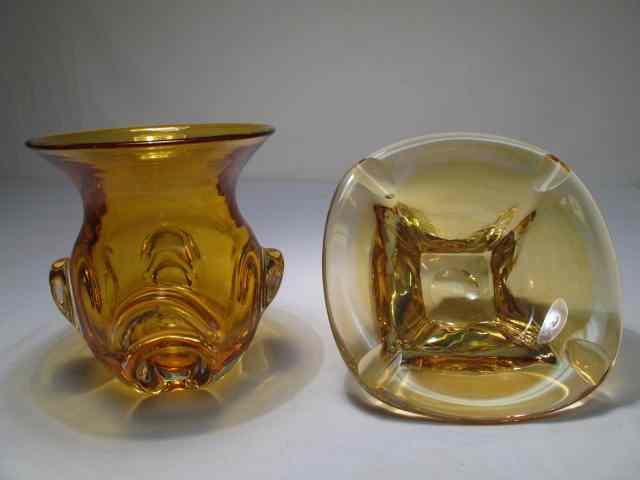 Appraisal: Val St Lambert amber art glass vase ashtray Heavy thick